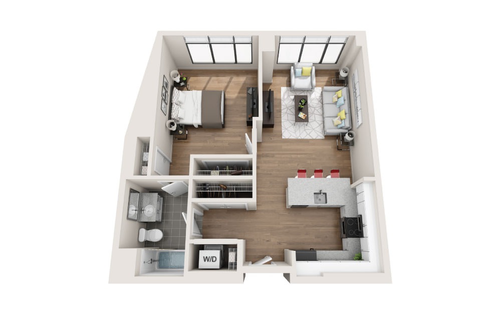 1A - 1 bedroom floorplan layout with 1 bath and 764 square feet.