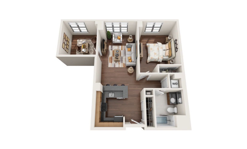1.1W - 1 bedroom floorplan layout with 1 bathroom and 890 square feet