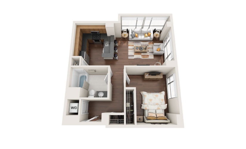 1.2E - 1 bedroom floorplan layout with 1 bathroom and 790 square feet