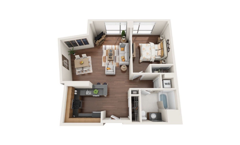 1.2W - 1 bedroom floorplan layout with 1 bathroom and 890 square feet