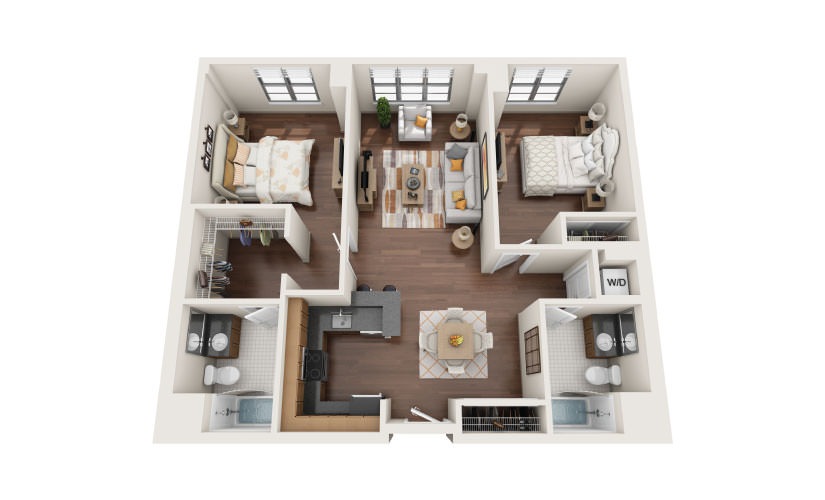 2.0 - 2 bedroom floorplan layout with 2 bathrooms and 1130 square feet