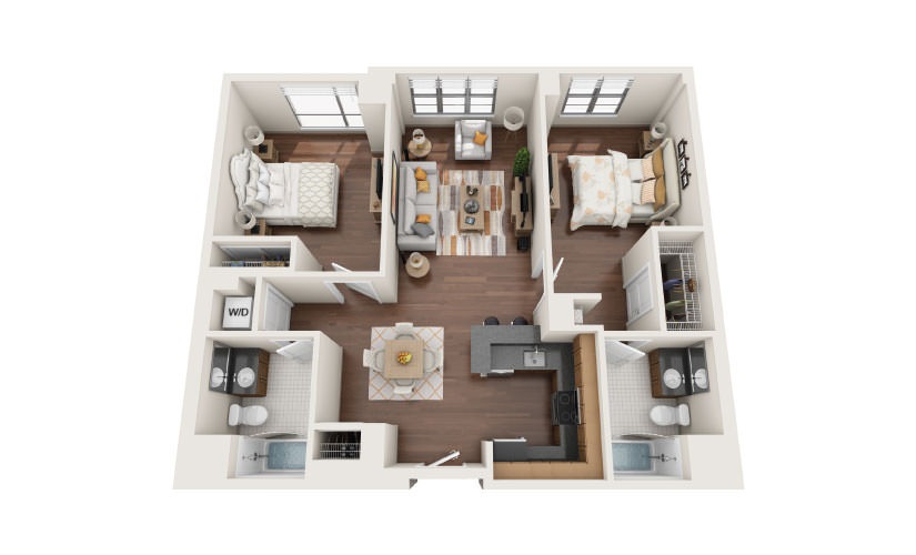 2.1E - 2 bedroom floorplan layout with 2 bathrooms and 1130 square feet