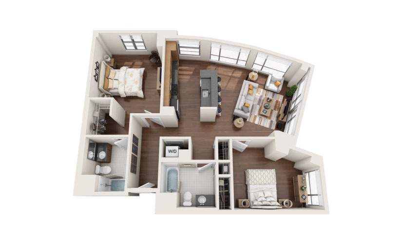 2.3E - 2 bedroom floorplan layout with 2 bathrooms and 1240 square feet