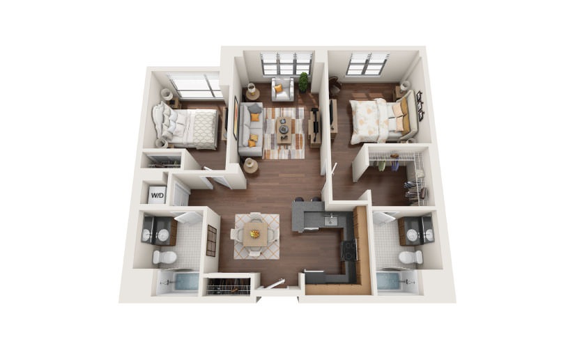 2.5E - 2 bedroom floorplan layout with 2 bathrooms and 1085 square feet
