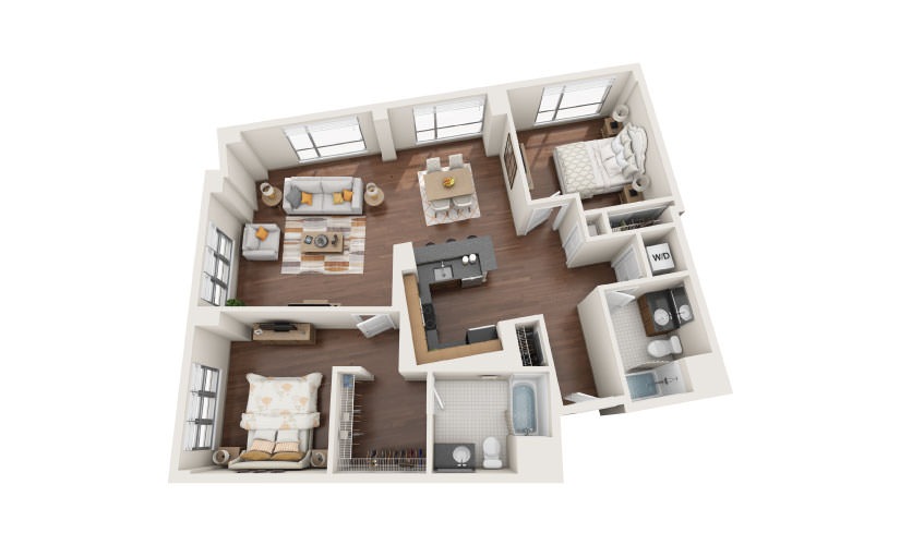 2.5W - 2 bedroom floorplan layout with 2 bathrooms and 1290 square feet