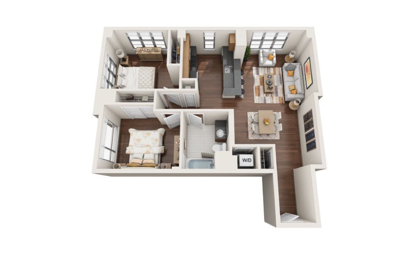 2.6W - 2 bedroom floorplan layout with 1 bathroom and 970 - 1025 square feet