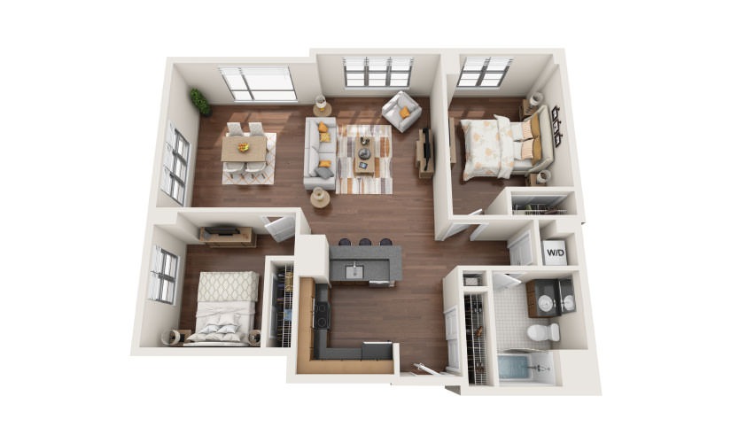 2.7W - 2 bedroom floorplan layout with 1 bathroom and 1130 - 1185 square feet