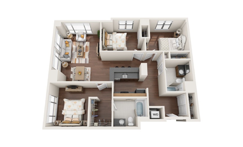 3.4W - 3 bedroom floorplan layout with 2 bathrooms and 1410 square feet