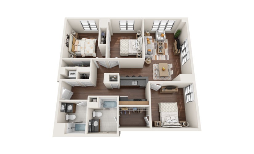 3.8W - 3 bedroom floorplan layout with 2 bathrooms and 1290 square feet