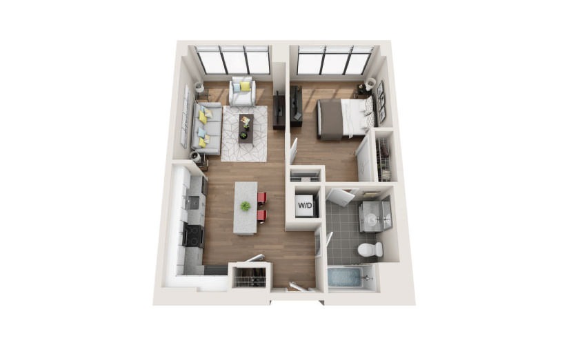1B - 1 bedroom floorplan layout with 1 bathroom and 693 square feet