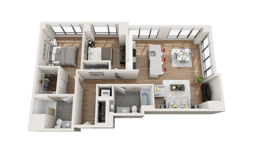 2A - 2 bedroom floorplan layout with 2 bathrooms and 1184 square feet