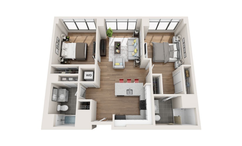 2B - 2 bedroom floorplan layout with 2 bathrooms and 1000 square feet