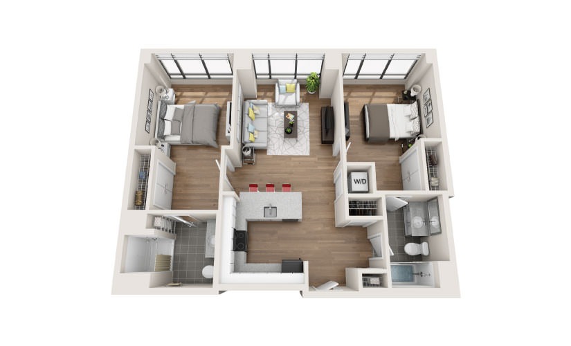 2D - 2 bedroom floorplan layout with 2 bathrooms and 1060 square feet