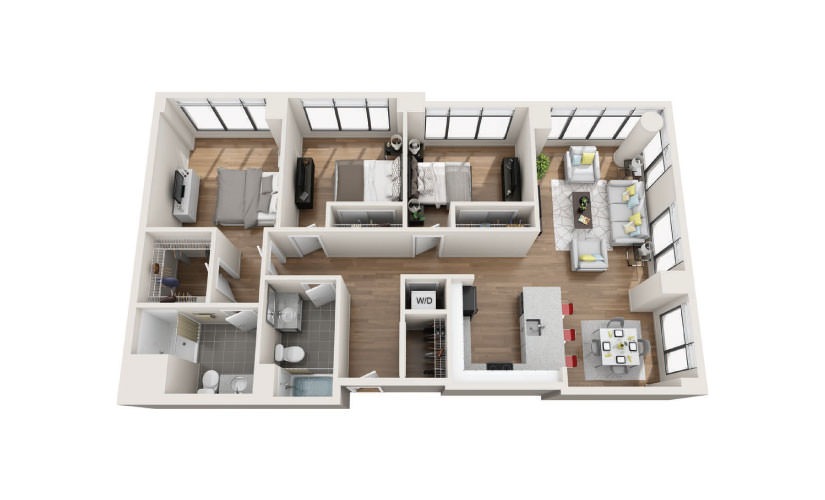 3B - 3 bedroom floorplan layout with 2 bathrooms and 1379 square feet