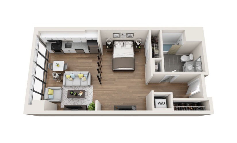 STUDIO A - Studio floorplan layout with 1 bathroom and 647 square feet